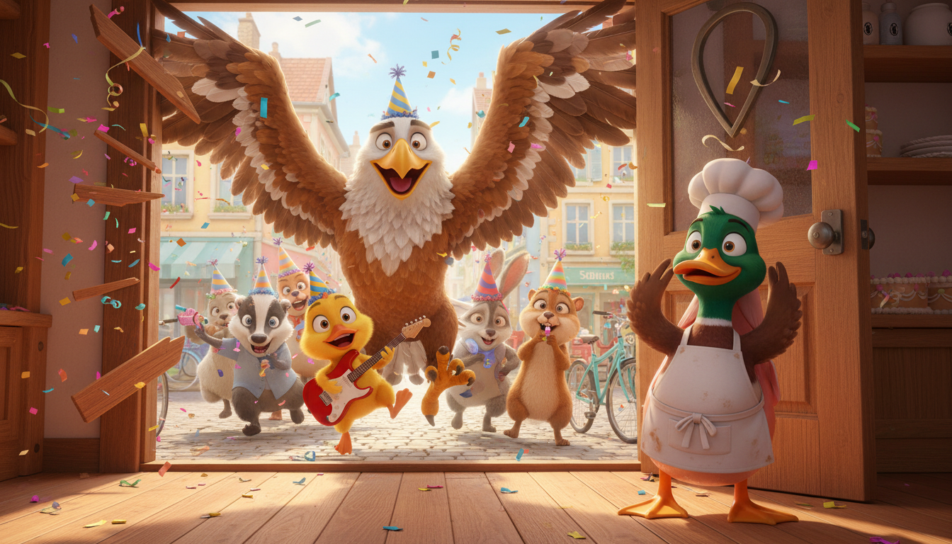 histoire du soir pour enfant Monsieur Caneton et le costume de saumon L'irruption de la fanfare