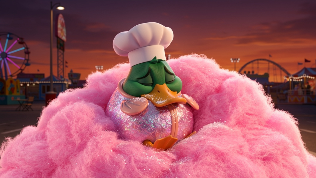 histoire du soir pour enfant Monsieur Caneton et le costume de saumon Sieste sur barbe à papa