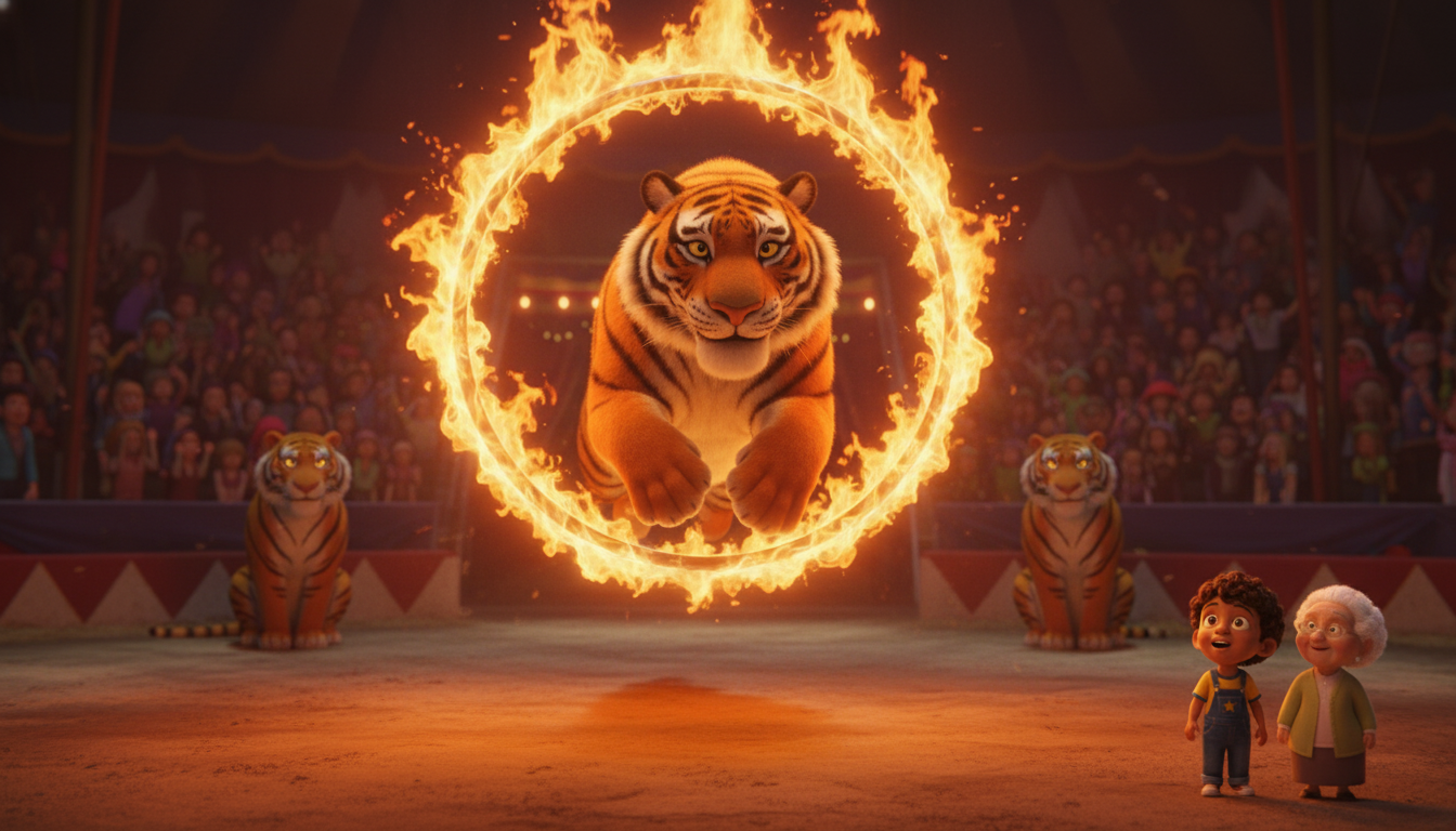 histoire du soir pour enfant Marcel et le cirque des rêves en or Le saut à travers les flammes