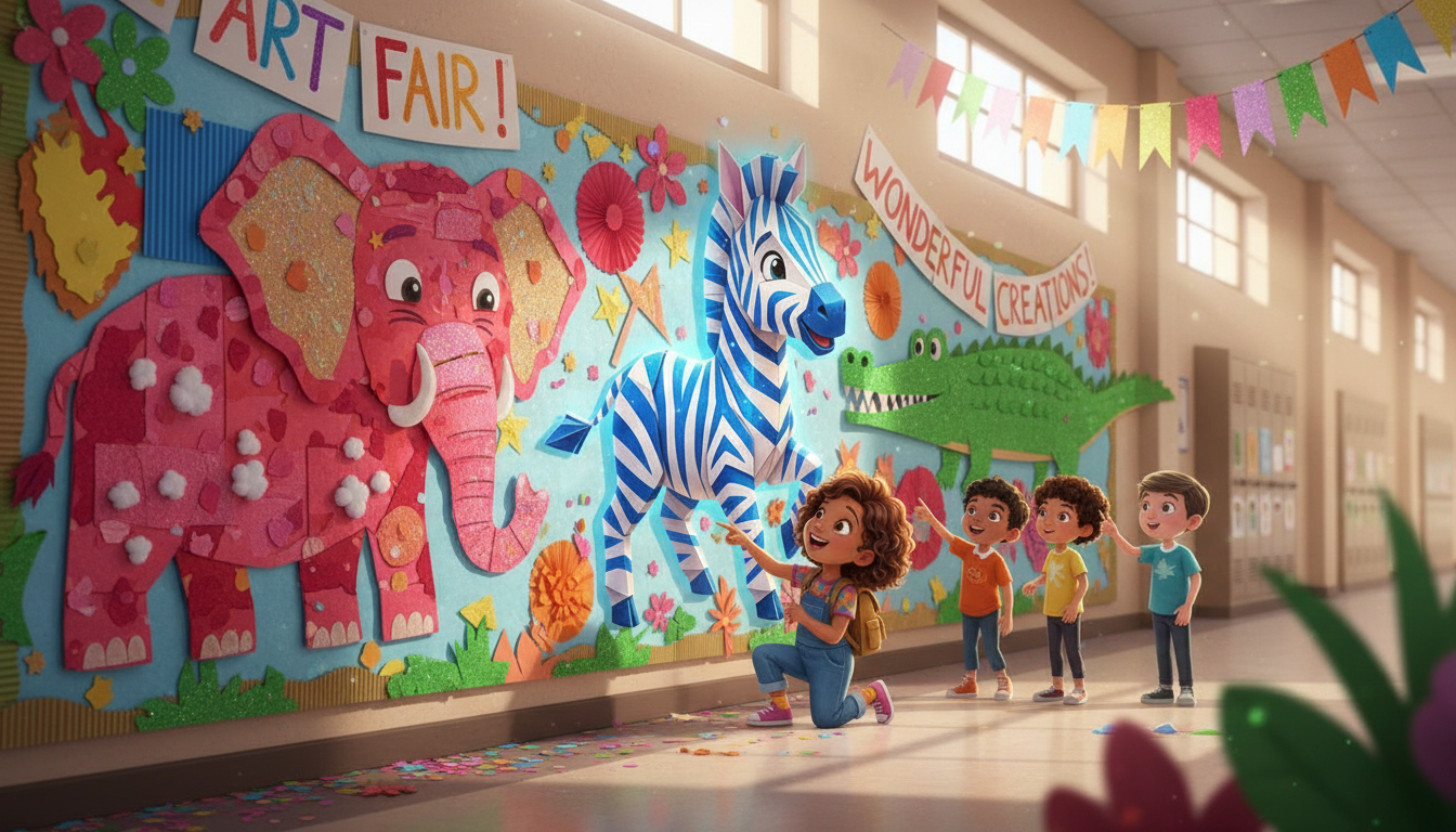 histoire du soir pour enfant Zébulon le petit zèbre bleu magique L'exposition à l'école