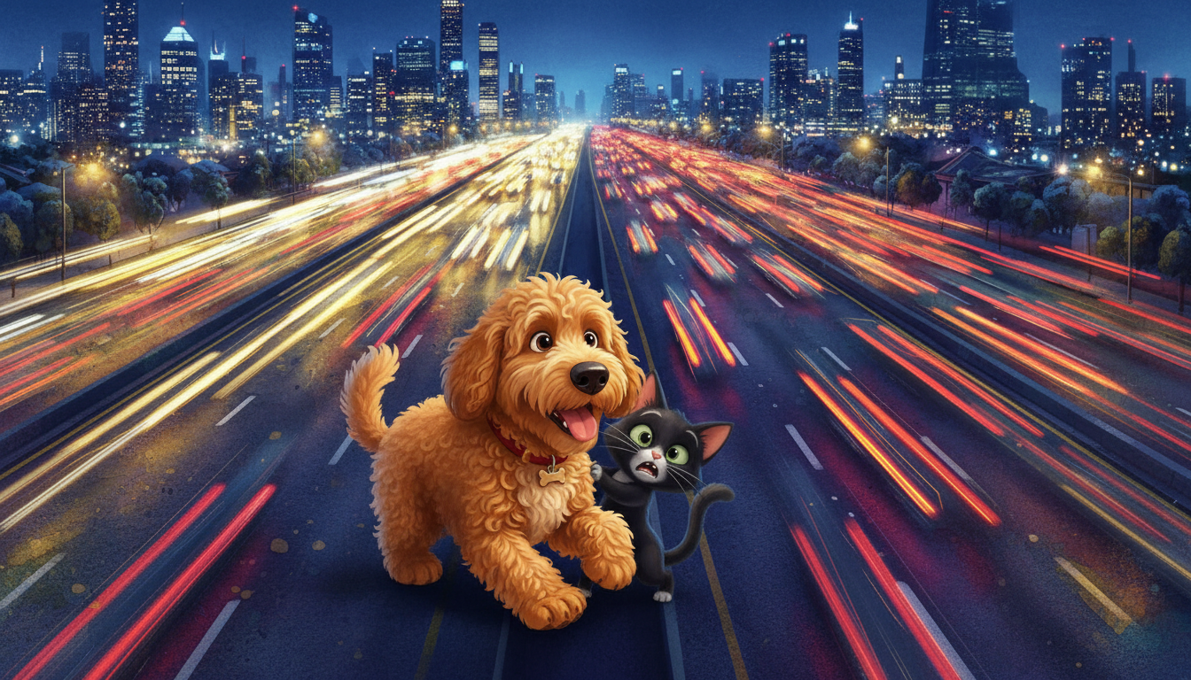 histoire du soir pour enfant Filou et Mistigri sur la trace des vacances L'obstacle de la route