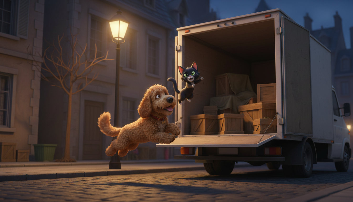 histoire du soir pour enfant Filou et Mistigri sur la trace des vacances Le camion de livraison