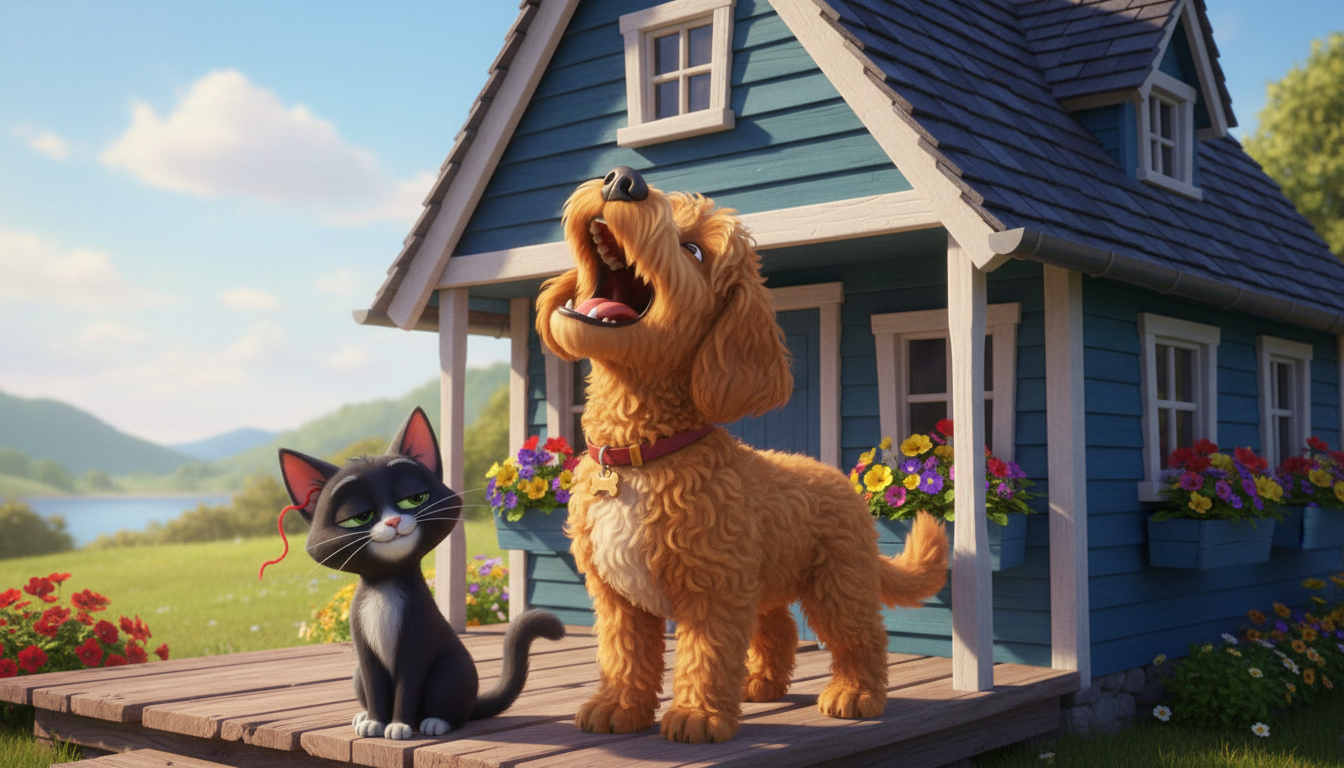 histoire du soir pour enfant Filou et Mistigri sur la trace des vacances L'aboiement devant le chalet